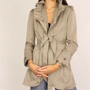 ANTHROPOLOGIE Idra Clinton Tan Ruffle Zip Front Tie Trench Coat Jacket 12 L 10